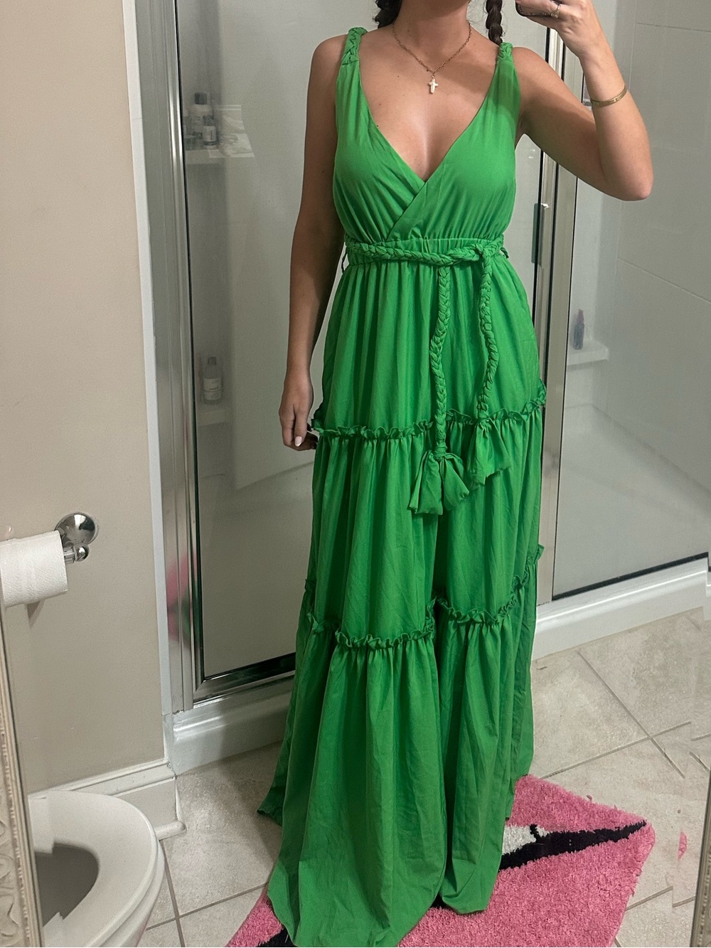 Vibrant Green Tiered Maxi Dress with Braided Tie Waist